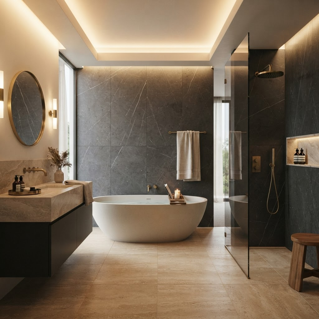 Luxury renovated bathroom with marble and brass fixtures