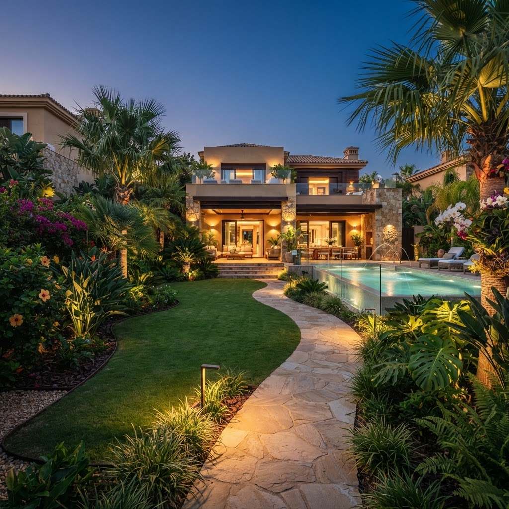 Landscaped luxury villa garden at twilight