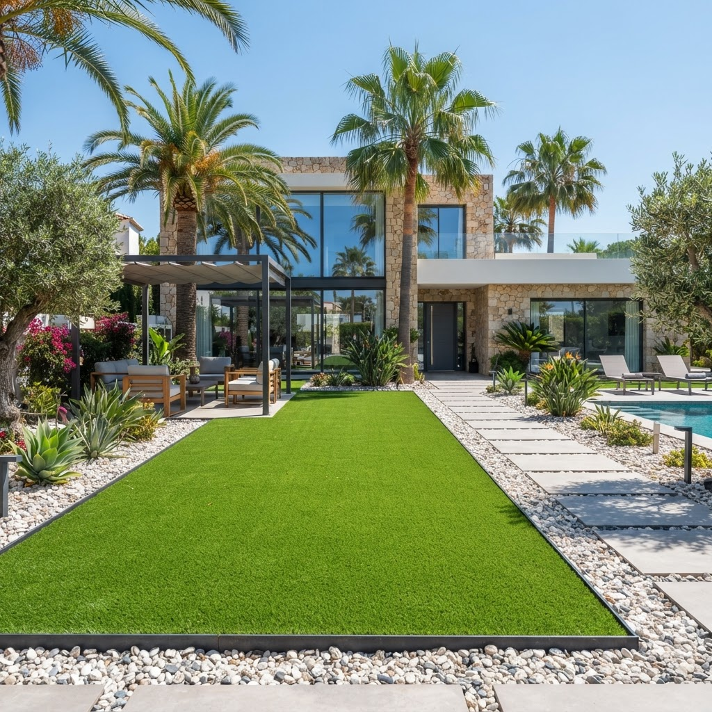 Artificial grass lawn installation in a villa courtyard