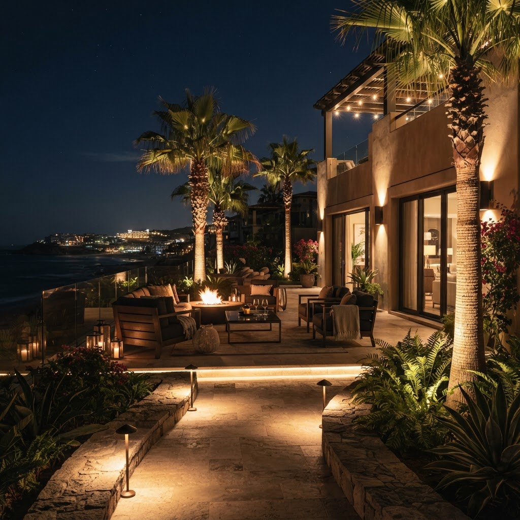 Outdoor landscape lighting on a villa terrace